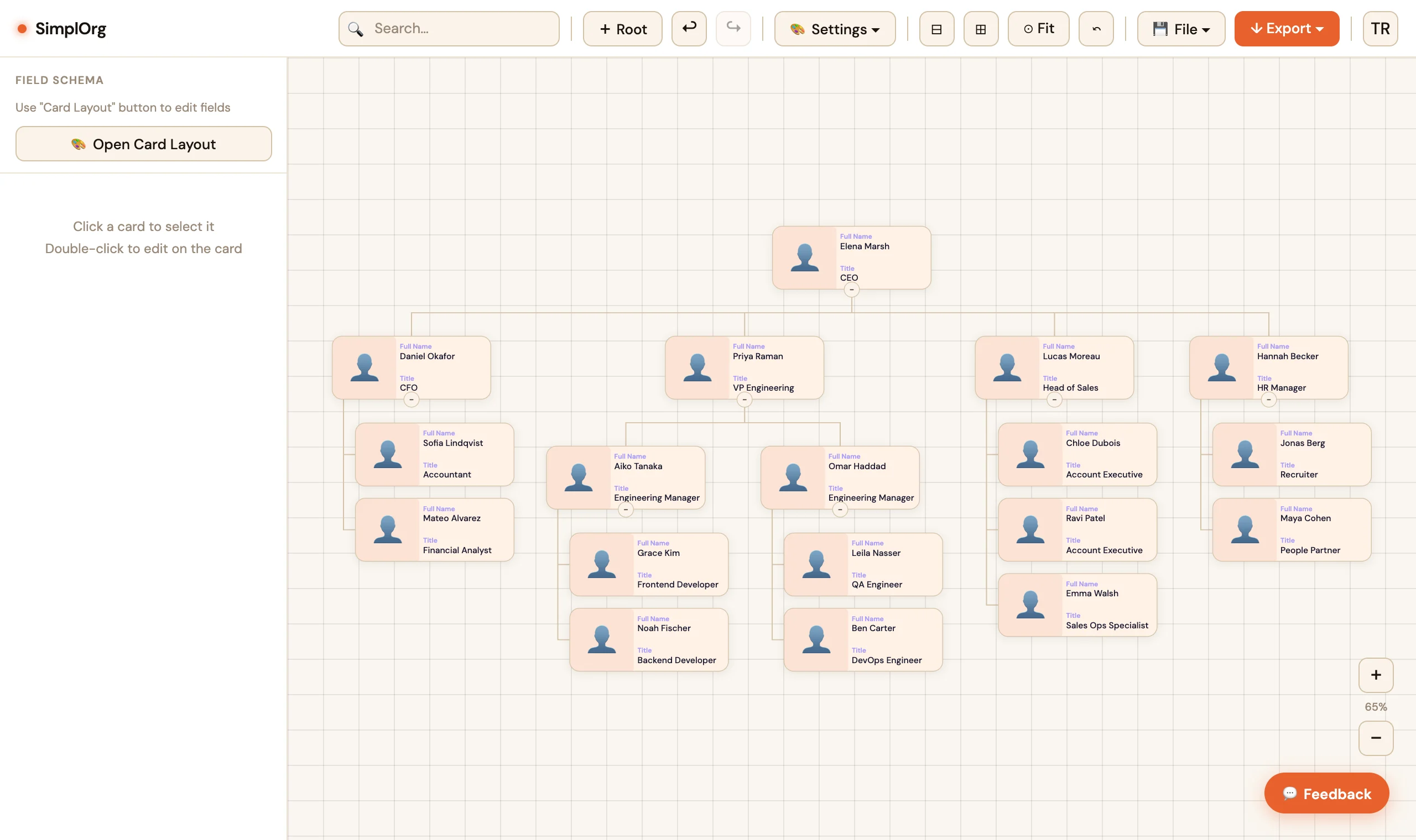 The finished org chart: a CEO at the top, four direct reports, and their teams below.